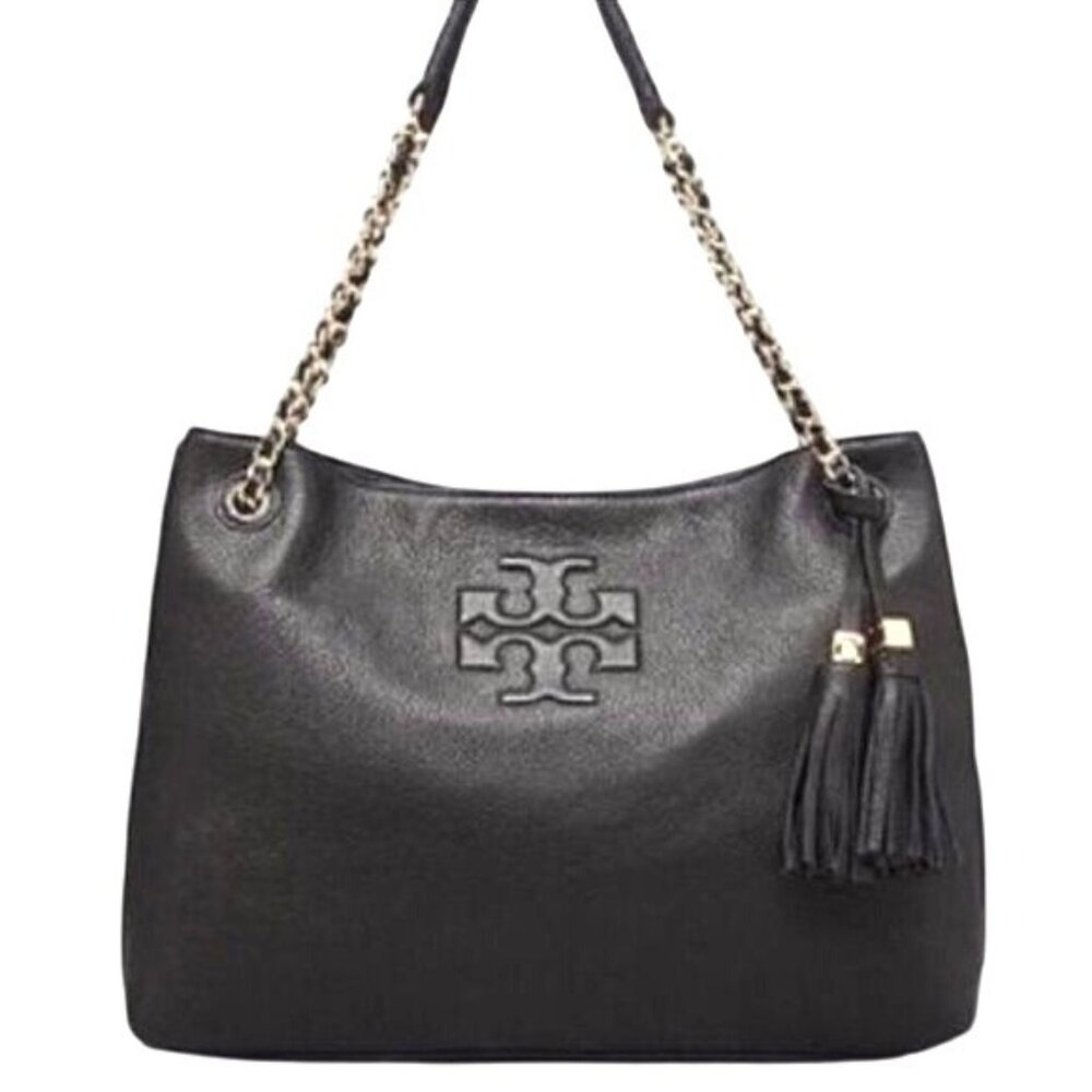 Tory Burch Thea Chain Slouchy Shoulder Bag $495 black/gold logo tassels  divided